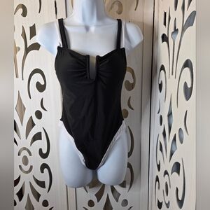 Samiol Black White One Piece Swimsuit Small U Wire High Cut Open Back NWOT